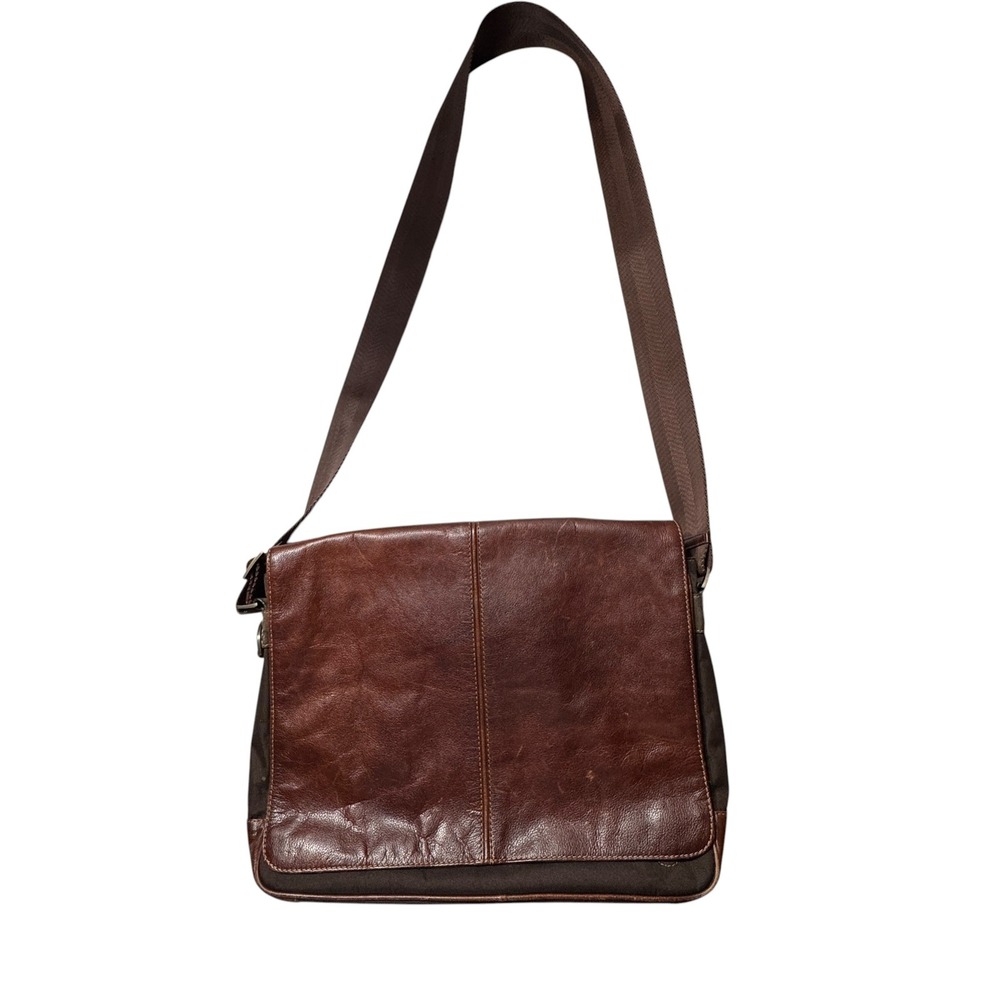 Boconi Messenger Bag Brown Leather Canvas Laptop Case Dark Academia